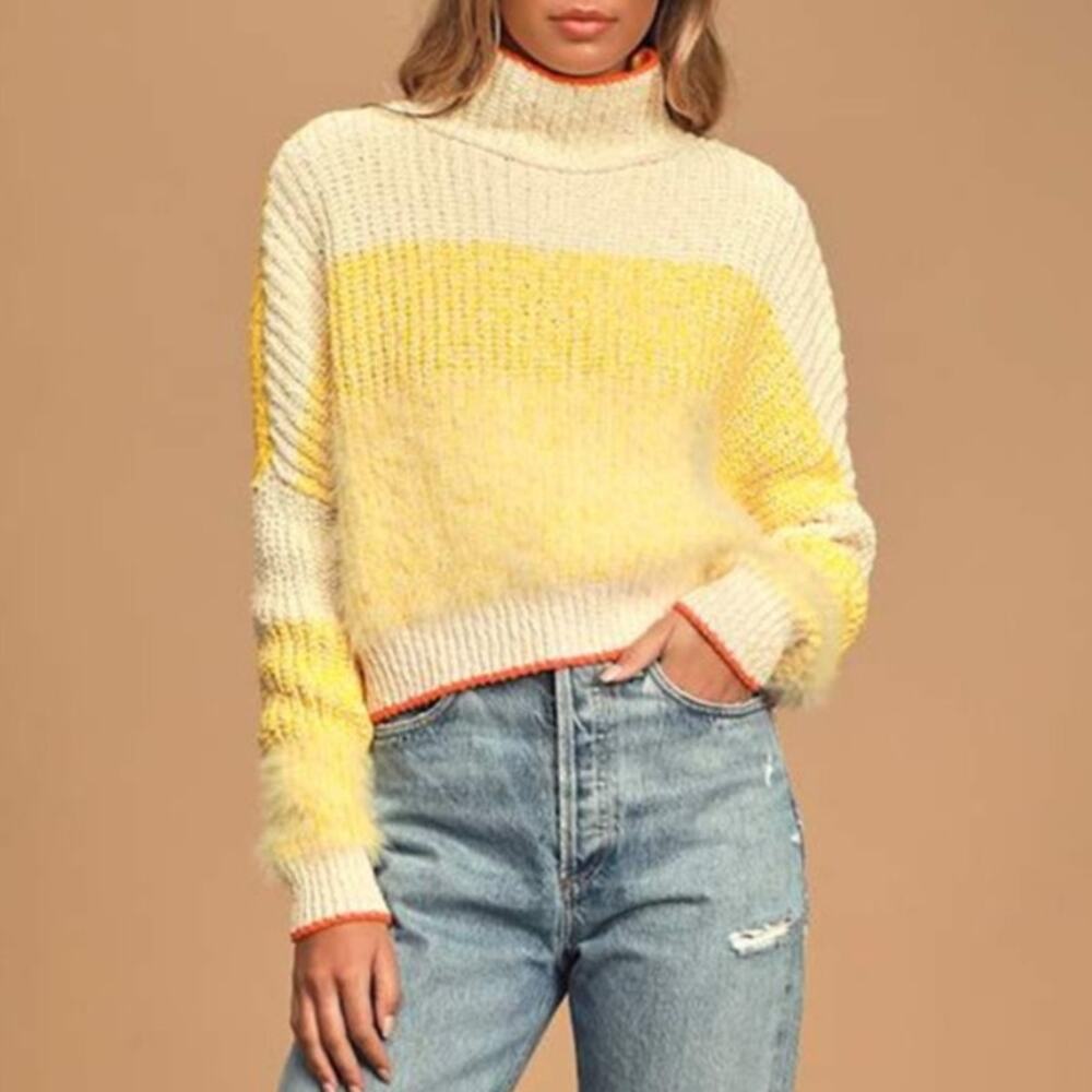 Free People Bucket List Sunbrite Yellow Eyelash Chunky Knit Turtleneck Sweater